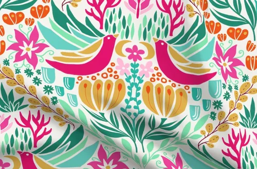 Spoonflower Tela - Pájaros coloridos rosa verde bohemio botánico floral impreso en tela de gasa Fat Quarter - Ropa de moda de costura Vestidos