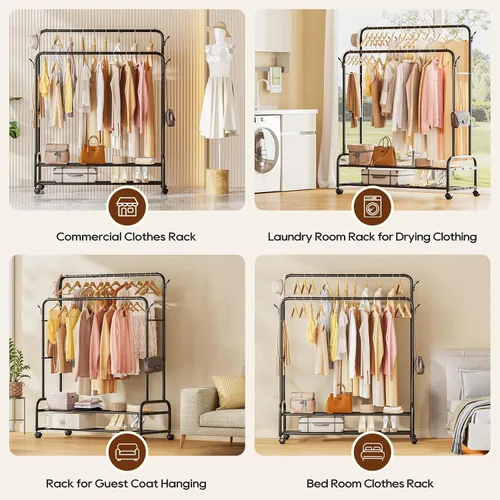 Miniatura 7 de TigerParty Perchero de doble barra para colgar ropa, perchero rodante con ruedas, estantes de ropa independientes con 2 estantes para dormitorio