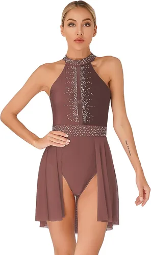 Miniatura 3 de Disfraz de danza lírica para mujer, cuello halter, falda fluida, leotardo de ballet, ropa de baile moderna y contemporánea