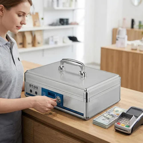 Miniatura 4 de STOBOK Caja de efectivo portátil con doble bloqueo de aluminio, caja de almacenamiento de dinero de 13.22 x 10.82 x 4.33 pulgadas, bandeja