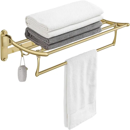 BESy Toalleros de 24 Pulgadas en Oro Cepillado, Estante de Toallas de Baño con Barra Plegable y Ganchos para Toallas, Accesorios de Baño