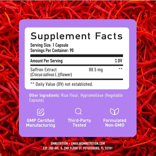 Miniatura 6 de Suplementos de azafrán de 88.5 mg Suministro de 3 meses Cápsulas de extracto de azafrán puro para el estado de ánimo, la concentración, la salud