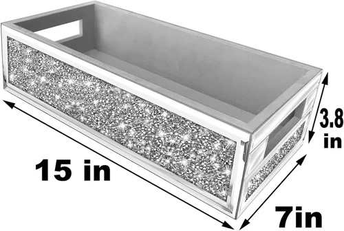 Miniatura 4 de Wocred Cesta de baño para inodoro, bandeja de baño con espejo de diamante triturado montado en la pared, organizador de almacenamiento plateado que
