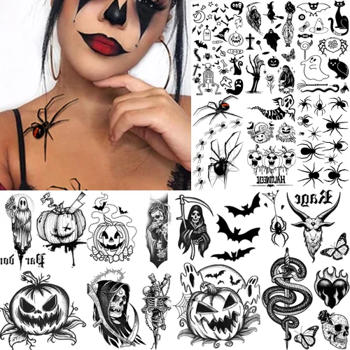 Miniatura 3 de 10 hojas de tatuajes temporales de Halloween para mujeres y hombres, calavera negra de terror, fantasma, araña, tatuajes falsos 3D, calcomanías