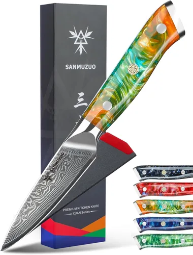Cuchillo de pelar de 3.5 pulgadas, cuchillo de cocina y verduras de frutas y mango de resina de Damasco - Serie Xuan (naranja fantasía)