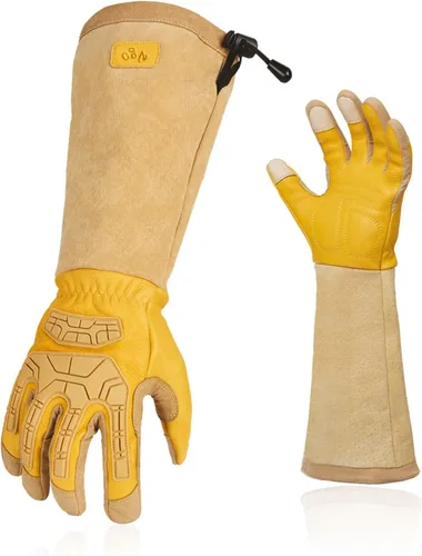 Miniatura 12 de Vgo... Guantes de trabajo de seguridad para hombre, puño extendido de cuero dividido de cerdo, cuero sintético, a prueba de espinas de poda de 1 par