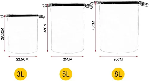 Miniatura 5 de Paquete de 3 bolsas secas impermeables de 3 L + 5 L + 8 L al aire libre ultraligeras para kayak, rafting, canotaje, natación, campamento