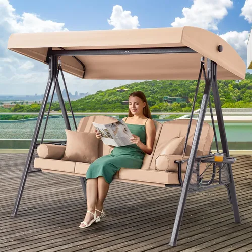 Miniatura 29 de Columpio de porche para exteriores 3 en 1 con toldo ajustable, columpio de 3 asientos para adultos, columpio de patio con cojines gruesos, almohadas
