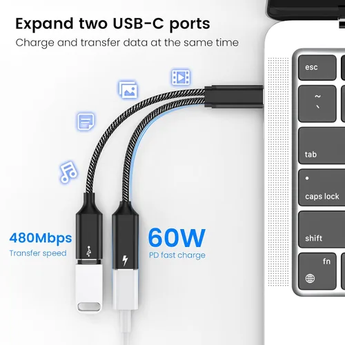 Miniatura 4 de MOGOOD Cable divisor USB C de 60 W, 2 en 1 USB-C macho a doble USB-C hembra, carga mientras usas auriculares, SSD, DAC o controlador, para Steam