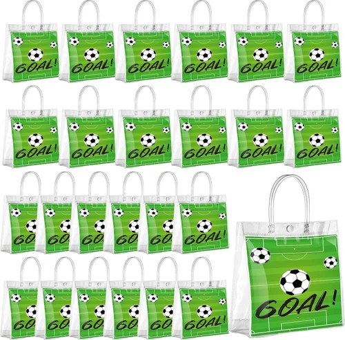 Abbylike 24 bolsas transparentes de regalo para copa de fútbol con asas, bolsas de PVC transparente para aperitivos, bolsas de golosinas para