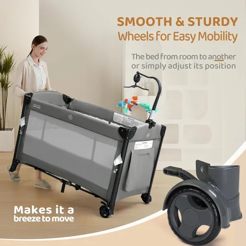 Miniatura 8 de JOYMOR Cuna para bebé, empacar y jugar con moisés y bolsa de transporte, se convierte en cama de noche con ruedas para niños y niñas (gris)