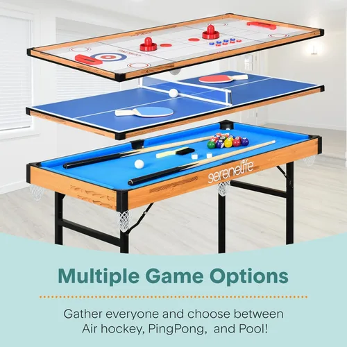 Miniatura 2 de SereneLife Mesa de juegos múltiples 4 en 1, juegos de arcade deportivos portátiles plegables de 4'x2' con accesorios, ping pong, air hockey, pool