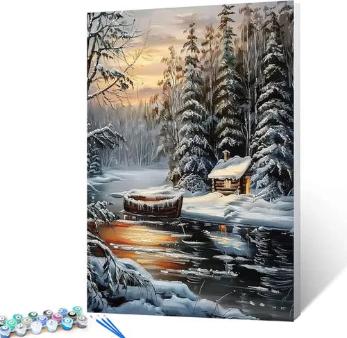 Miniatura 12 de Pintura enmarcada con árbol del bosque amarillo por números para adultos, niños, principiantes, kit de pintura de río de montaña, 16 x 20 pulgadas