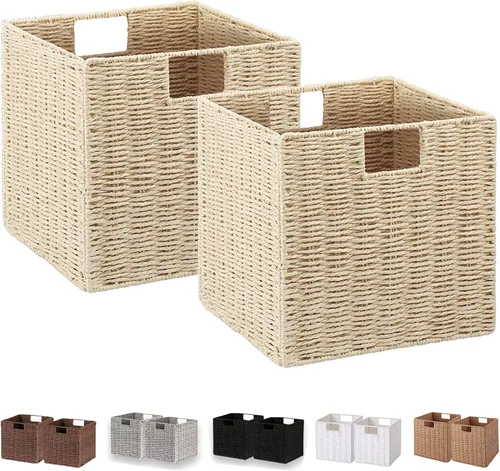 Miniatura 26 de VAGUSICC - Canastas de almacenamiento tejidas a mano, juego de 2, con asas, plegables, tipo cubo, de 13 pulgadas, grandes, de mimbre, para estantes