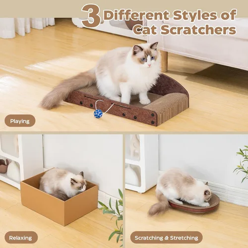 Miniatura 2 de Avont Juego de 3 rascadores de cartón para gatos de interior, rascador corrugado para gatos con almohadilla reversible para rascar, caja de arañazos