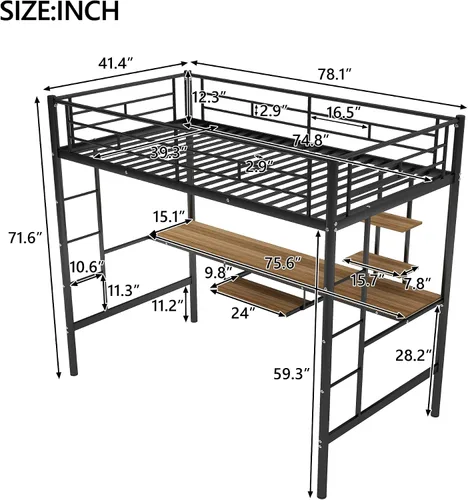 Miniatura 2 de Majnesvon Cama tipo loft de tamaño individual, cama alta con escritorio y estantes de almacenamiento, cama alta de metal tamaño individual