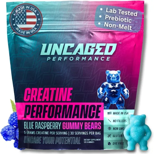 Gomitas de monohidrato de creatina, 0.18 oz con fibra prebiótica para el crecimiento muscular y la fuerza, 30 porciones, frambuesa azul, probada en