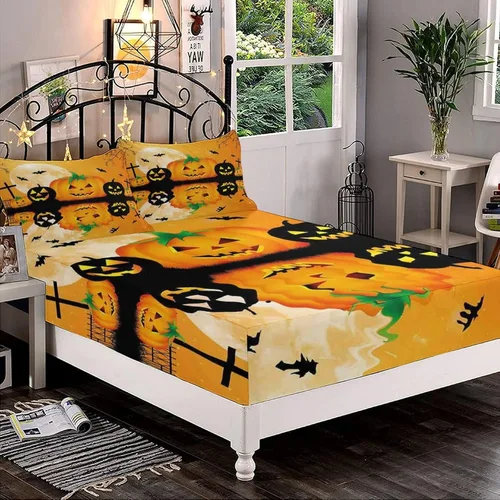 Miniatura 7 de Juego de sábanas bajeras decorativas tamaño Queen, sábanas bajeras de Halloween con bolsillos profundos y 2 fundas de almohada (sin sábana plana)