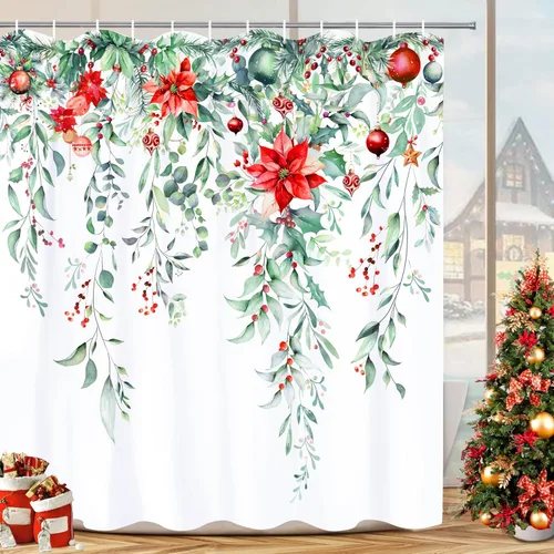 Miniatura 3 de Juego de cortinas de ducha navideñas con acebo, cortinas de ducha impermeables de Navidad, cortinas de baño de tela con 12 ganchos para decoración