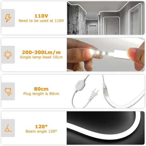 Miniatura 4 de Tira de luces LED de neón de 100 pies / 98.4 ft, luz blanca diurna, 6000 K, impermeable, IP65, tira de luz LED flexible CA de 110 a 120 V, luces LED