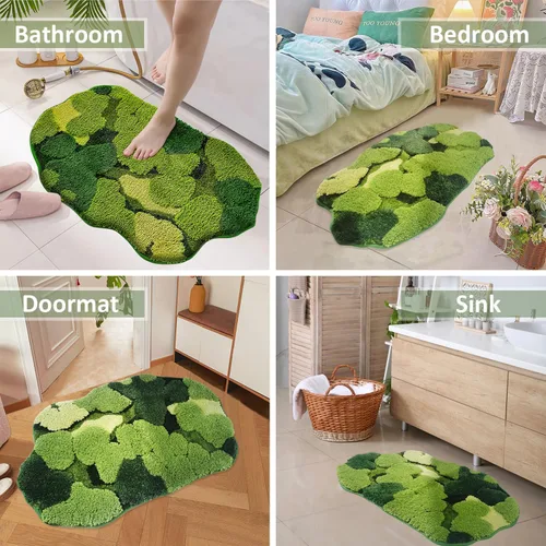 Miniatura 4 de Hifuwan Lindas Alfombras de Baño de Musgo Verde Shag, Tapetes de Baño de Hojas para Decoración de Baño Estética, Hojas Suaves Antideslizantes