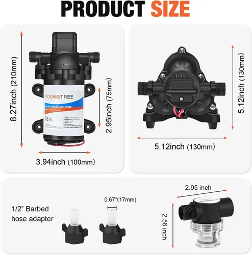 Miniatura 9 de YOUNGTREE Bomba de diafragma de agua de 12 V CC, 3.5 GPM, 45 PSI, bomba de presión de agua dulce autocebante de 12 voltios con interruptor