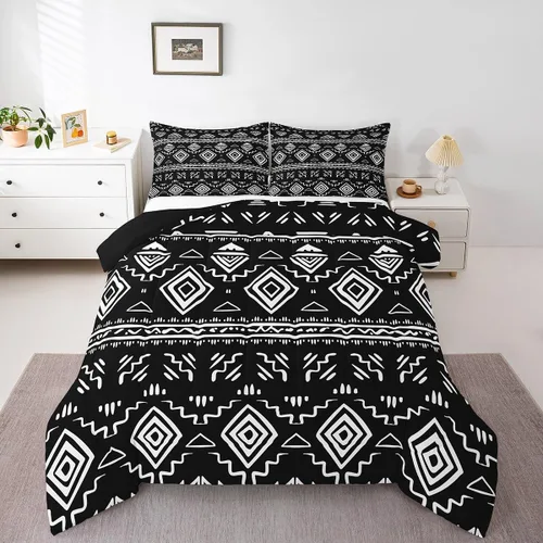 Erosebridal - Juego de ropa de cama estilo tribal bohemio azteca, edredón con estampado étnico blanco y negro, bohemio, tamaño King, juego de Multi
