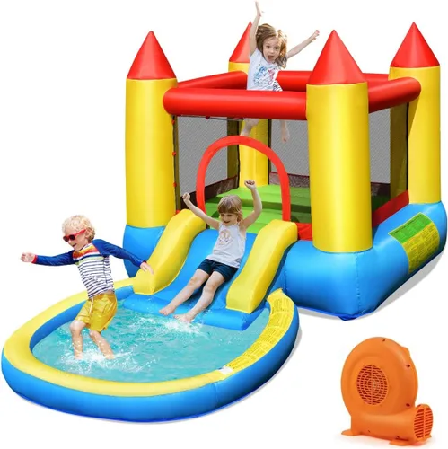 Costzon Casa inflable de rebote con tobogán acuático con piscina de bolas y piscina de salpicaduras, castillo de salto animoso para niños diversión