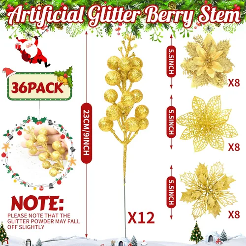 Miniatura 2 de Kit de 36 piezas de adornos de tallos de flores de nochebuena con purpurina y bayas, 24 piezas de flores artificiales con clips y 12 piezas de púas