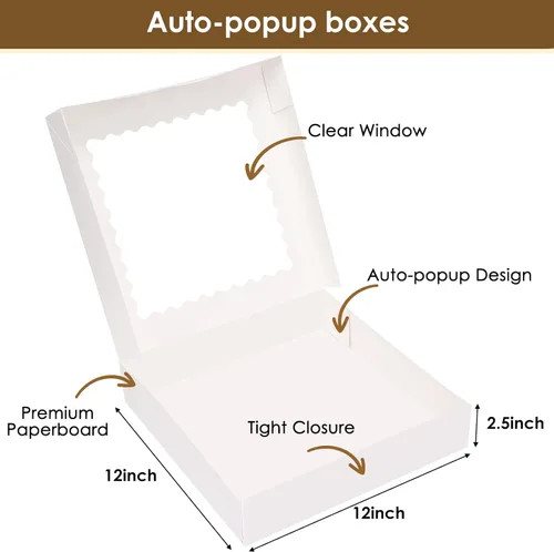Miniatura 4 de Moretoes 25 cajas para tartas, cajas de panadería blancas de 12 x 12 x 2.5 pulgadas con ventana, cajas de galletas emergentes automáticas
