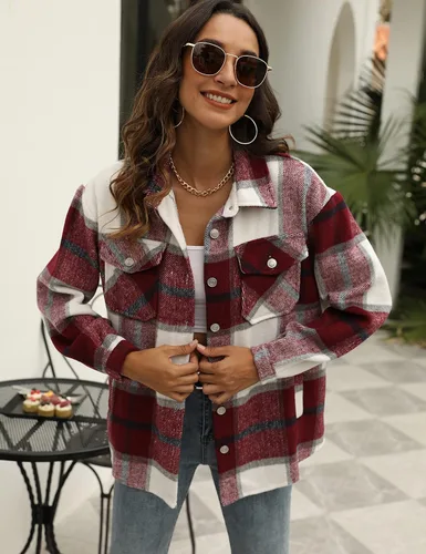 Miniatura 10 de Tanming - Chaquetas de franela cepillada para mujer, a cuadros, con botones, solapas y bolsillos, camisa tipo chaqueta