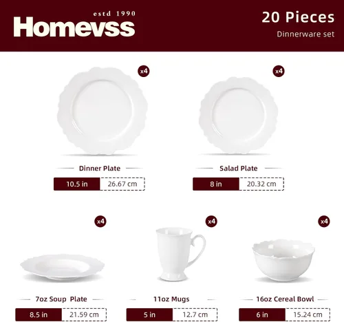 Miniatura 2 de HomeVss, Nuevo Juego de Vajilla de Porcelana de Hueso con Relieve Winds, Servicio para 4-20 Piezas Vientos en relieve