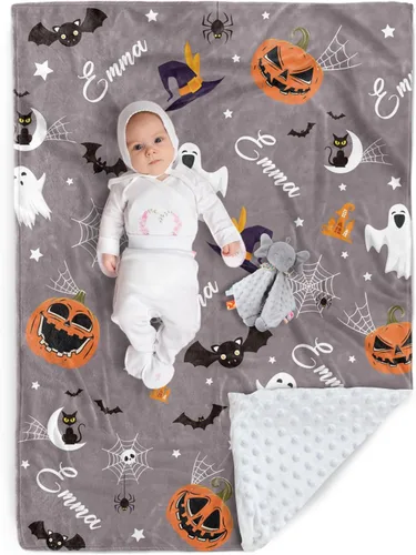 Miniatura 15 de Manta de Halloween personalizada, diseños de dibujos animados con nombre personalizable, manta de franela de felpa suave con respaldo punteado