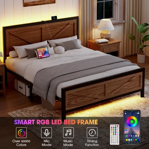Miniatura 5 de Marco de cama rústico de tamaño completo con cabecero de puerta de granero, marco de cama LED con estación de carga, marcos de cama de plataforma