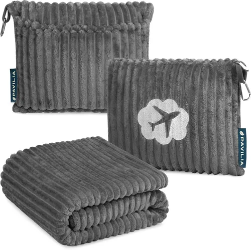 Miniatura 11 de PAVILIA Manta de viaje y almohada, suave manta de avión de forro polar acanalado con bolsa, manta compacta de avión plegable de 65 x 40 pulgadas