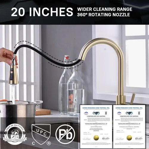 Miniatura 3 de Grifo de cocina dorado cepillado con rociador extraíble WEWE, grifo de cocina dorado monomando de acero inoxidable latón cobre comercial RV 1 o 3