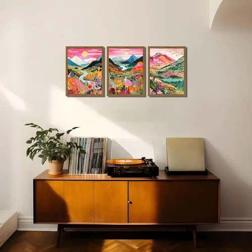 Miniatura 7 de Juego de 3 piezas de arte de pared de montaña colorida boho, pinturas abstractas de paisaje de flores de acuarela, pósters modernos de naturaleza