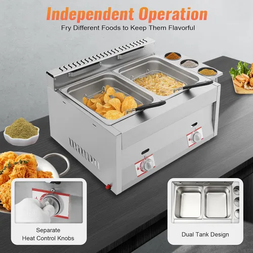 Miniatura 3 de Freidora comercial de doble tanque con 2 cestas y tapas, cada tanque de capacidad óptima de 6 litros/6.34 cuartos de galón, freidora eléctrica