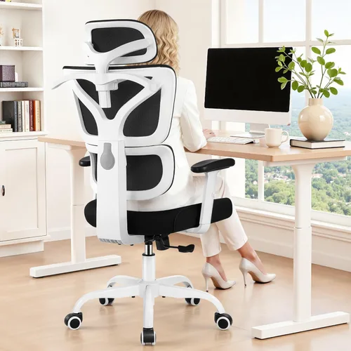 Silla de oficina ergonómica con respaldo alto y soporte lumbar, silla de computadora de malla transpirable con reposabrazos ajustables, silla Blanco