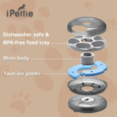 Miniatura 7 de iPettie Donut Frost - Comedero automático inalámbrico para mascotas de 6 comidas, alimentos secos y húmedos, con dos paquetes de hielo, batería