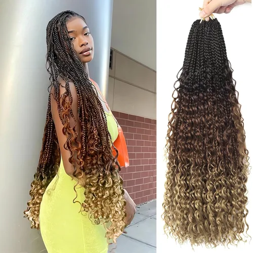 Miniatura 60 de Goddess Box Braids - Trenzas de cabello a ganchillo con extremos rizados, trenzas de caja bohemianas de 16 pulgadas, trenzas de ganchillo, 8 1B-4-30