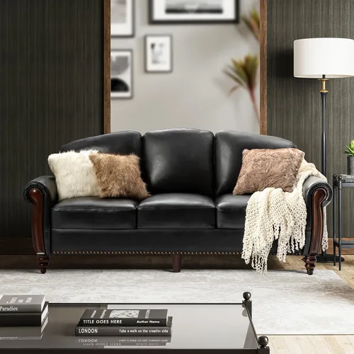 HULALA HOME Sofá de cuero genuino de 3 plazas, sofá tradicional para sala de estar con patas de madera maciza talladas, color negro
