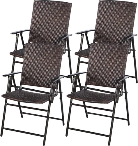 RELAX4LIFE Sillas plegables de patio de 4 piezas, sillas de ratán de polietileno para interiores y exteriores con marco de metal, reposabrazos y