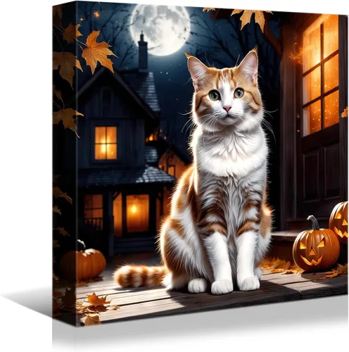 Miniatura 9 de YONICA Lienzo decorativo de Halloween para pared de sala de estar, decoración del hogar, calabaza de Halloween y gato negro sobre lienzo, obra