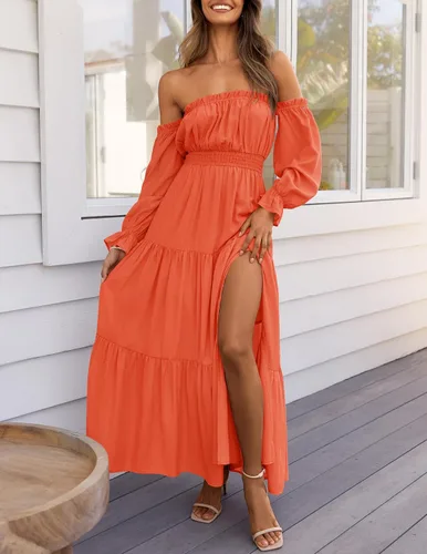 Miniatura 19 de ZESICA - Vestido largo, bohemio y sexy, con hombros descubiertos y manga larga fruncida, con elástico fruncido, cintura alta y abertura lateral