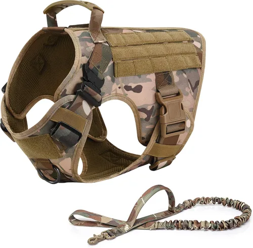 Miniatura 6 de Arnés táctico para perro con asa, chaleco Molle de entrenamiento militar con hebillas de metal y paneles de bucle, correa elástica para perro