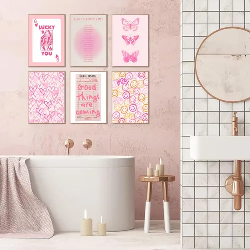 Miniatura 3 de QMV 6 piezas de arte de pared rosa preppy de póquer Halo Digital Room Póster estético mariposa sonriente y2k retro moda estilo universitario