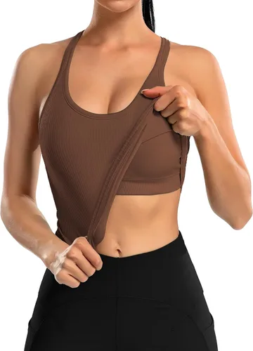 Miniatura 88 de ATTRACO Camiseta corta acanalada de entrenamiento para mujer con brasier integrado para yoga, espalda cruzada, ajuste ajustado
