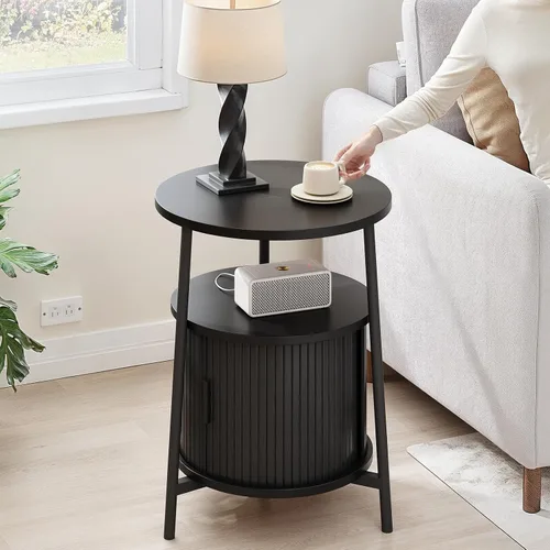 Miniatura 4 de ONBRILL Mesa auxiliar redonda con almacenamiento, mesita de noche acanalada con estación de carga, pequeñas mesas de noche modernas de mediados