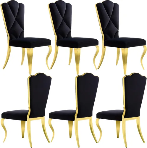 Miniatura 14 de Juego de 2 sillas de comedor de terciopelo negro y dorado, sillas de cocina tapizadas con respaldo alto con patas de acero inoxidable pulido, sillas
